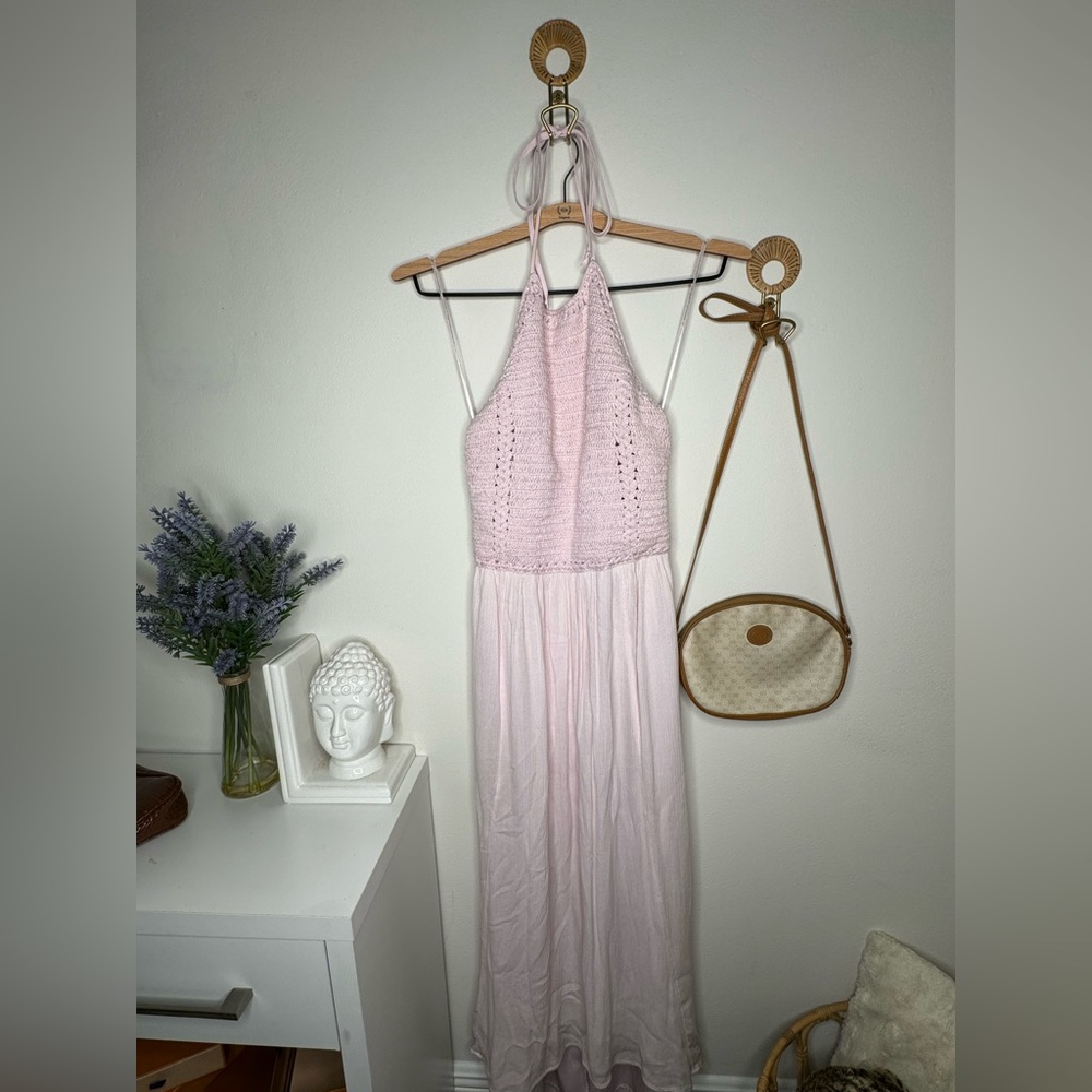 Long pink dress with knit top and flowy bottom